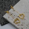 gold plated earrings with freshwater pearls and hanging hearts, hearts charms earrings, charms in heart shape, long earrings, handmade gold designs, handmade gold creations.