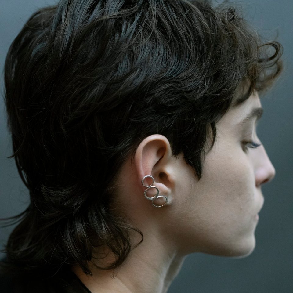 Handmade silver triple circle ear climbers for women, casual and stylish earrings climbing the ear.