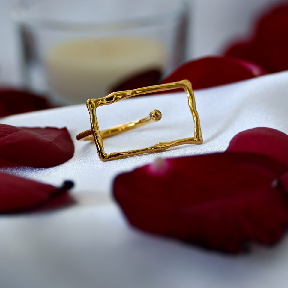 sterling silver rectangular ring made of silver 925, sterling silver rectangular ring made of 24K gold plated sterling silver, greek made sterling silver rectangular ring, handmade sterling silver rectangular ring, a statement ring made in greece, statement sterling silver rectangular ring, big sterling silver rectangular ring.