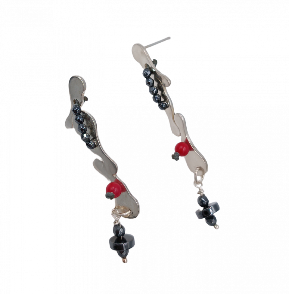 handmade boho bliss hematite earrings, natural coral stone earrings, handmade macrame earrings, sterling silver earrings, silver 925 earrings, designer sterling silver earrings, macrame cords, sustainable designer silver earrings, hematite beads earrings,cute earrings, gift idea earrings.