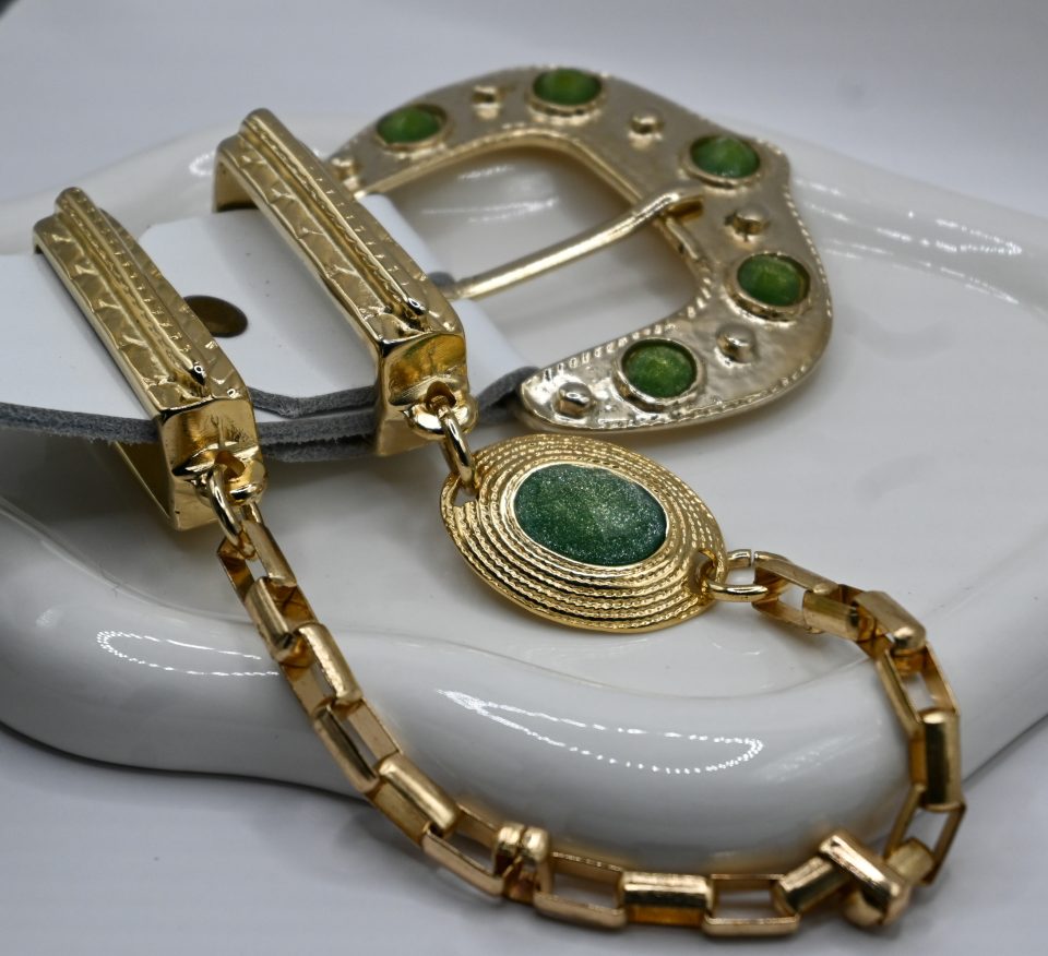 tinkerbell's leather belt with gold charms and emerald gems, genuine leather belts in white, summer leather belts, boho genuine leather belts, boho leather accessories, boho leather creations.