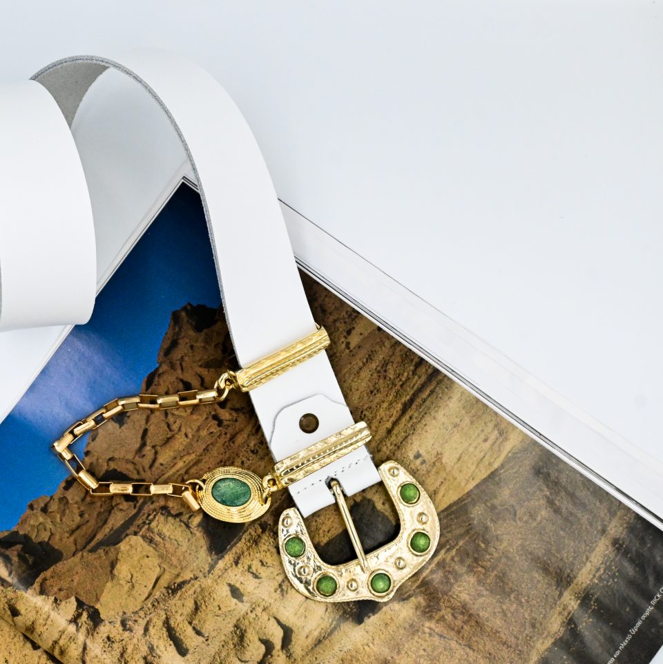 tinkerbell's leather belt with gold charms and emerald gems, summer trends, summer genuine leather belts, statement belts, statement buckles, chain belts, handmade genuine leather creations, handmade leather accessories.