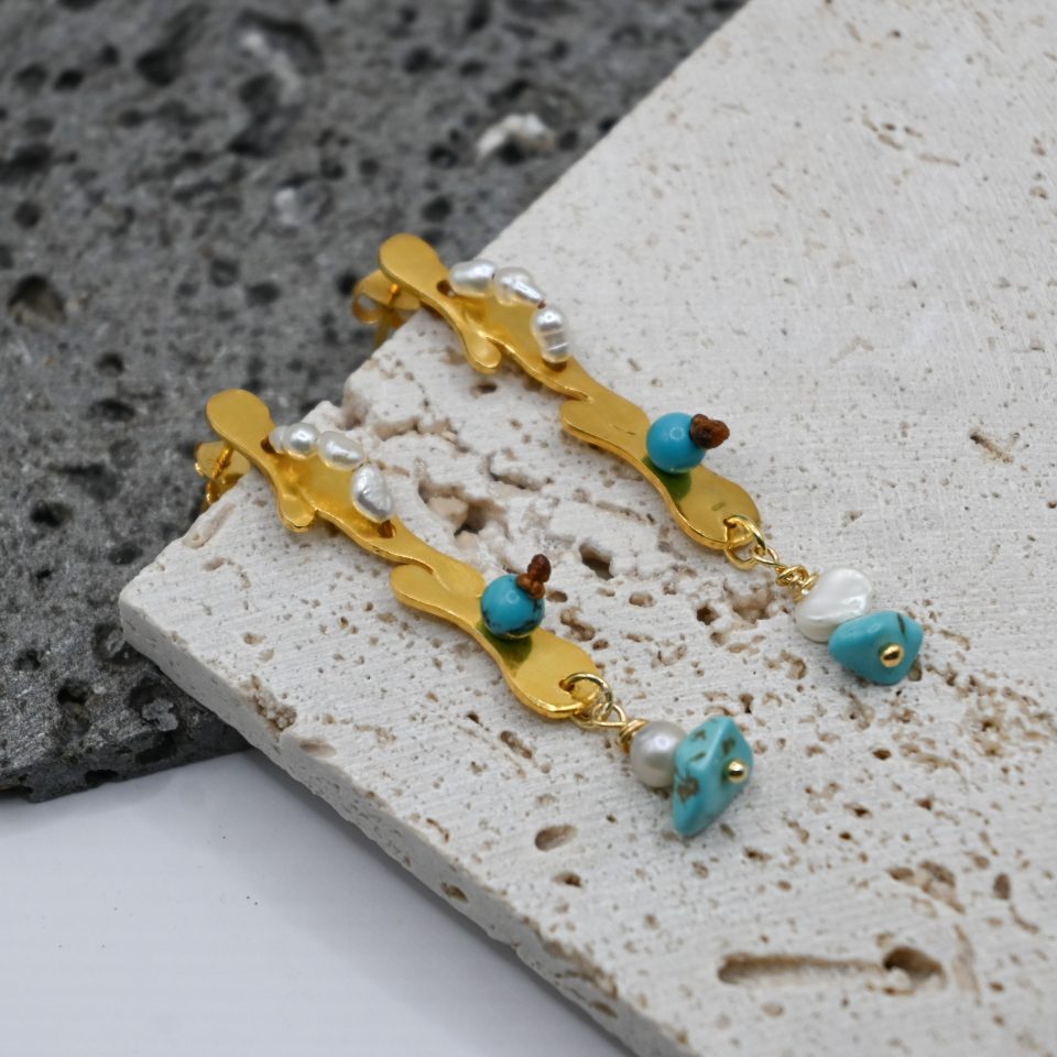 handmade boho bliss turquoise earrings with freshwater pearls, freshwater pearl earrings, cultured pearl earrings, gold-plated earrings, sterling silver earrings, designer sterling silver earrings, turquoise natural stone jewelry.