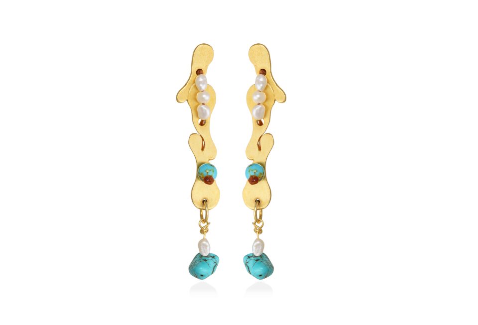 handmade boho bliss turquoise earrings with freshwater pearls, freshwater pearl earrings, cultured pearl earrings, gold-plated earrings, sterling silver earrings, designer sterling silver earrings, turquoise natural stone jewelry.