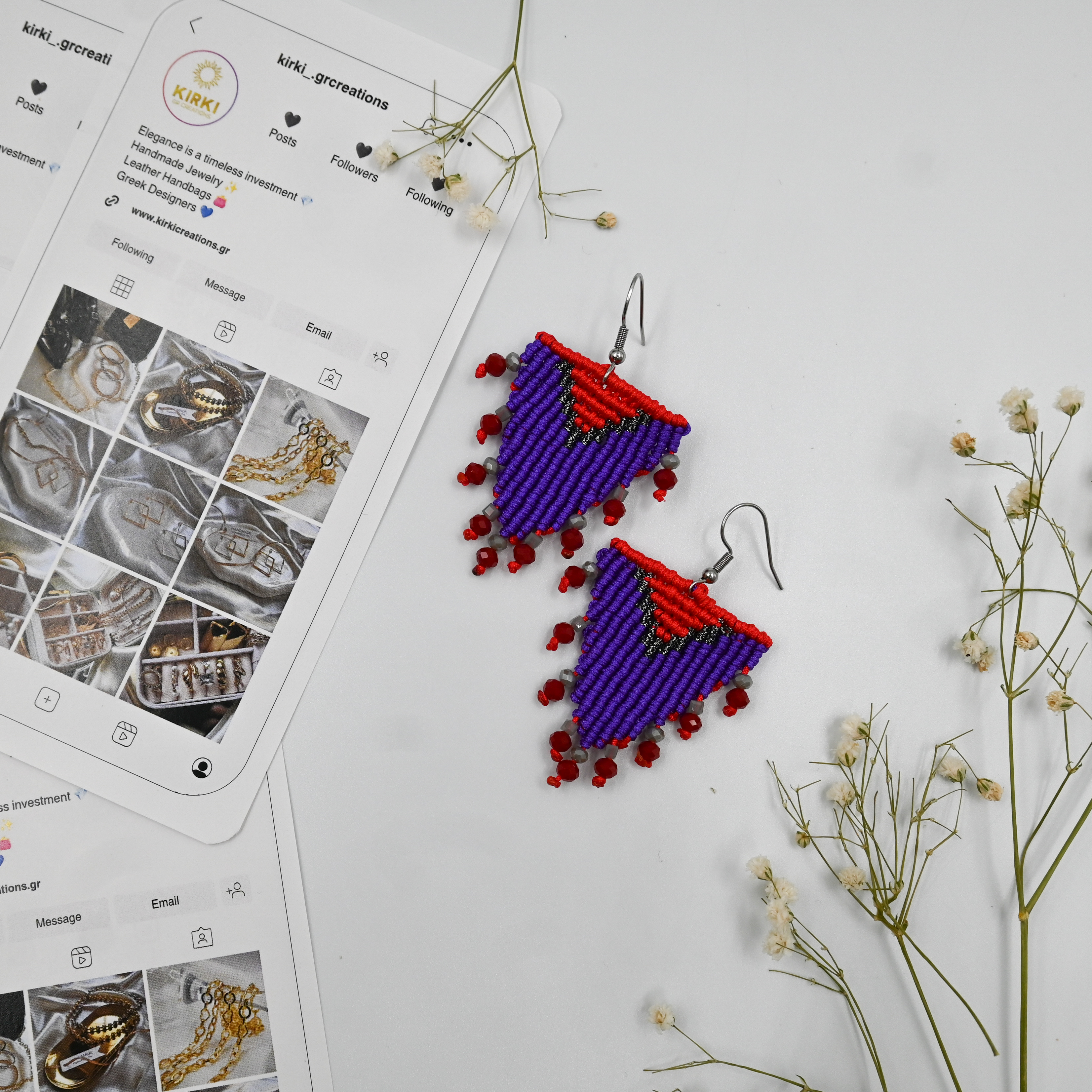 Boho-chic greek-inspired red macrame earrings featuring a geometric pattern and delicate red beads, perfect for spring and summer season.