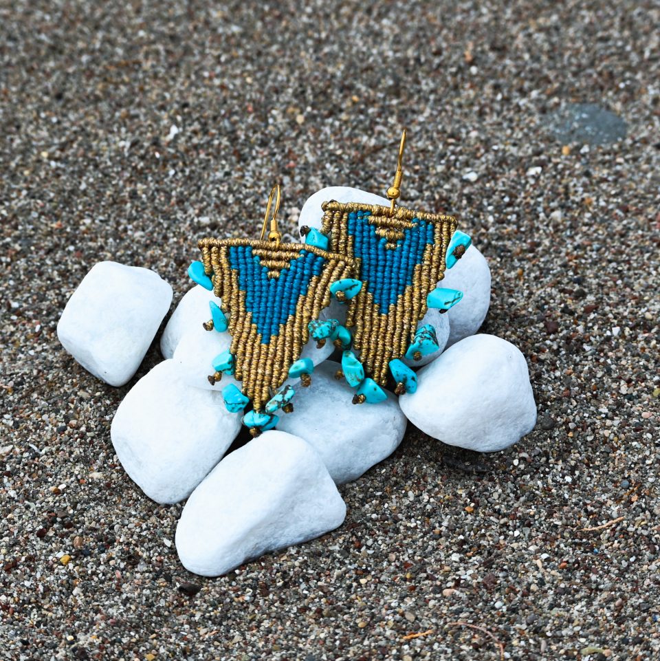 Boho-chic greek-inspired turquoise macrame earrings featuring a geometric pattern and natural turquoise stones , perfect for spring and summer season.