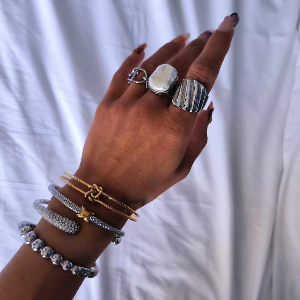 square baroque pearl steel ring