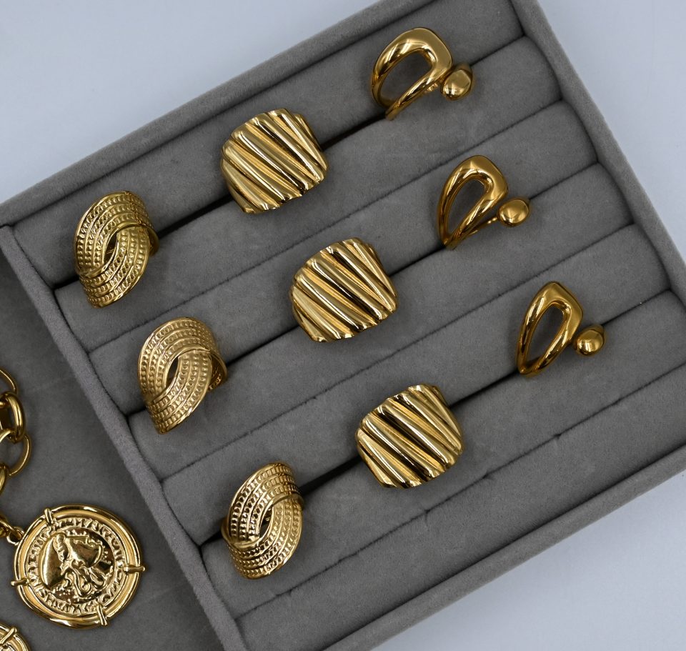 Radiant and sculptural, the Lume Vintage Gold Ring features a polished gold-plated embossed design with an adjustable band. A luxurious timeless design for women.