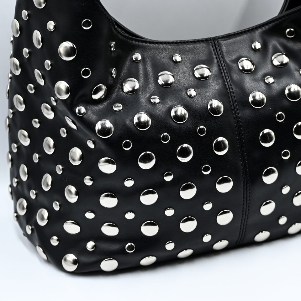 Amy black baguette bag with silver studs. Made in Italy, stylish and spacious. Perfect for everyday wear with a modern rock-chic touch.