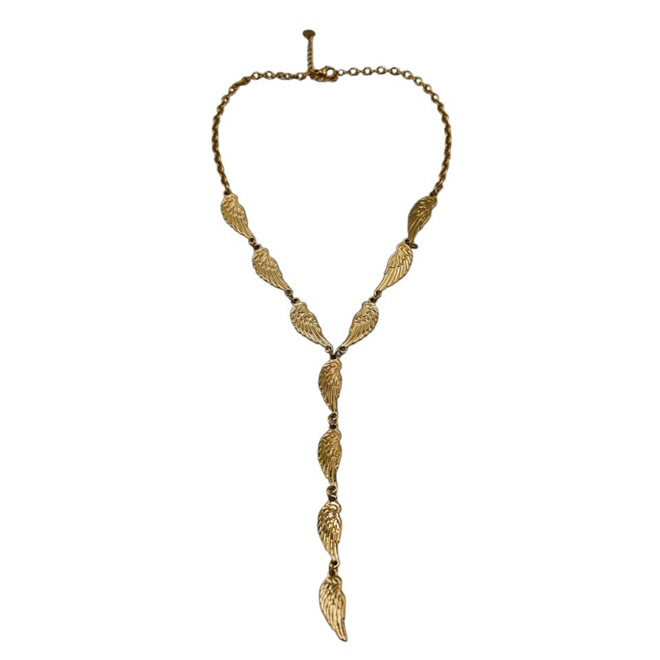 Stunning Angel Wings Gold Tie Necklace crafted from durable stainless steel with an 18-karat gold plating and engraved angel wing elements. Perfect for the summer months, it highlights the neckline and draws all eyes.