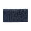 Kallisti Midnight Clutch Bag made of shimmering dark blue fabric with elegant front design, detachable silver chain, magnetic closure, dark blue lining, and interior pocket.