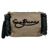 Santorini Black Raffia Clutch made of natural raffia with decorative black tassels, embroidered Santorini detail, zipper closure, detachable wrist strap, and adjustable crossbody strap.