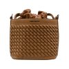 Sienna Sand Bucket Bag made in Italy from woven-effect synthetic leather with detachable top handle, adjustable crossbody strap, soft drawstring closure, matching interior lining, and interior zip pocket.