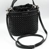 Sienna Black Bucket Bag made in Italy from woven-effect synthetic leather with detachable top handle, adjustable crossbody strap, soft drawstring closure, matching interior lining, and interior zip pocket.