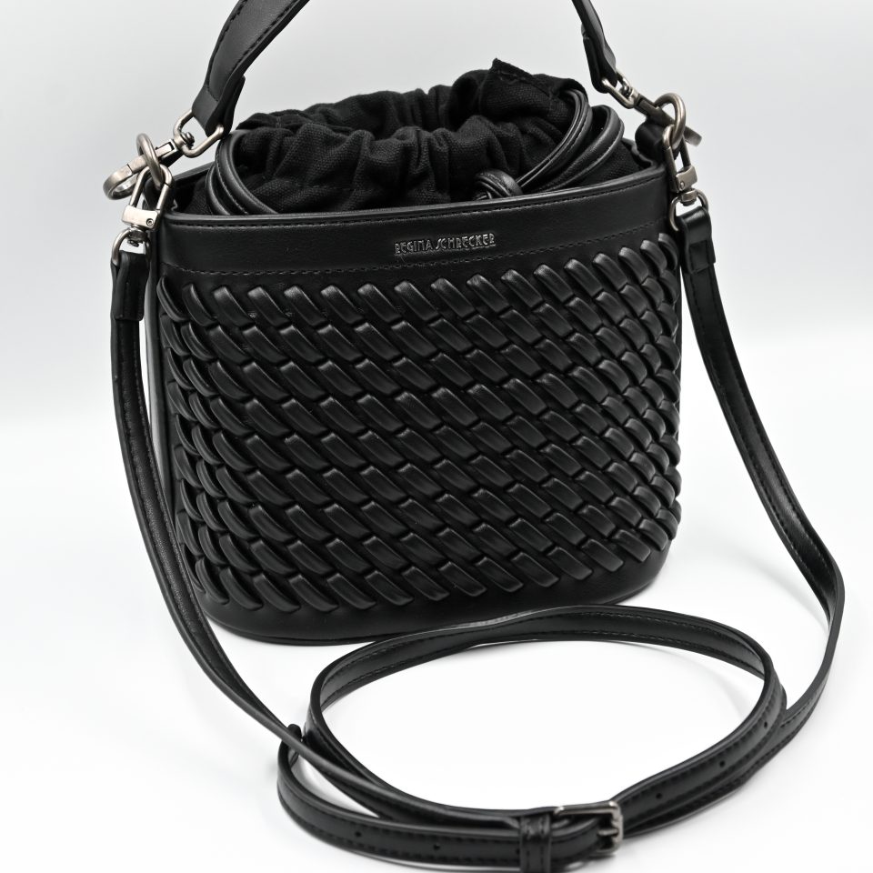 Sienna Black Bucket Bag made in Italy from woven-effect synthetic leather with detachable top handle, adjustable crossbody strap, soft drawstring closure, matching interior lining, and interior zip pocket.