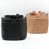 Sienna Black Bucket Bag made in Italy from woven-effect synthetic leather with detachable top handle, adjustable crossbody strap, soft drawstring closure, matching interior lining, and interior zip pocket.