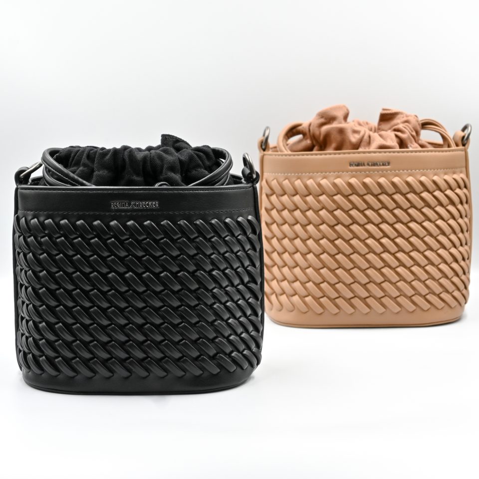 Sienna Black Bucket Bag made in Italy from woven-effect synthetic leather with detachable top handle, adjustable crossbody strap, soft drawstring closure, matching interior lining, and interior zip pocket.