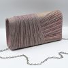 Kallisti Sparkling Pink Clutch Bag made of shimmering pink fabric with elegant front design, detachable silver chain, magnetic closure, pink lining, and interior pocket.