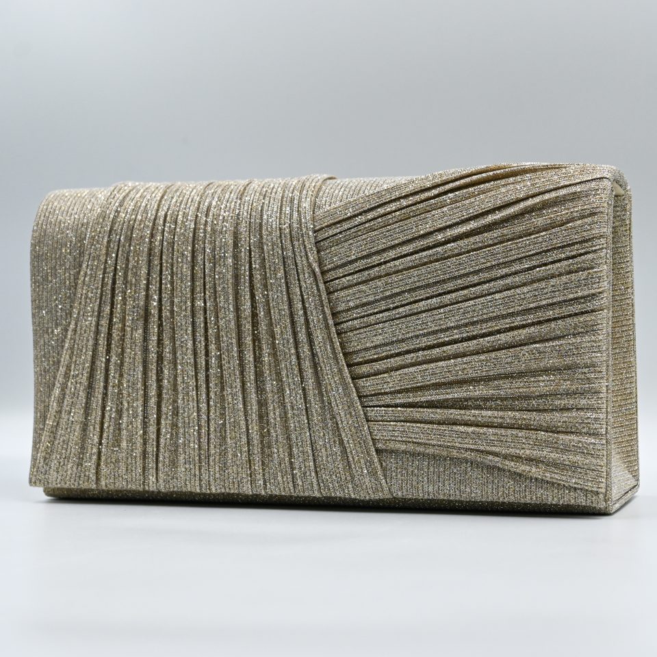 Kallisti Sparkling Gold Clutch Bag in shimmering gold fabric with detachable gold chain. The perfect elegant accessory for weddings and galas.