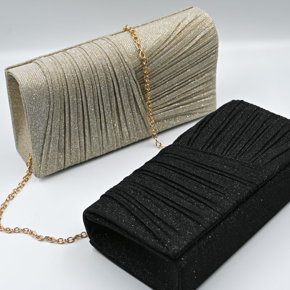 Kallisti Sparkling Gold Clutch Bag in shimmering gold fabric with detachable gold chain. The perfect elegant accessory for weddings and galas.